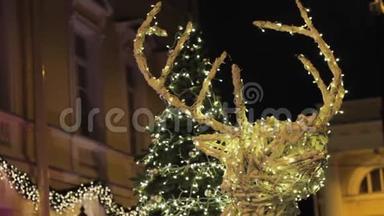 圣诞彩灯中的节日鹿装饰